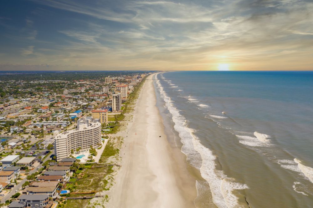 Aerial view of Jacksonville beach on a sunset