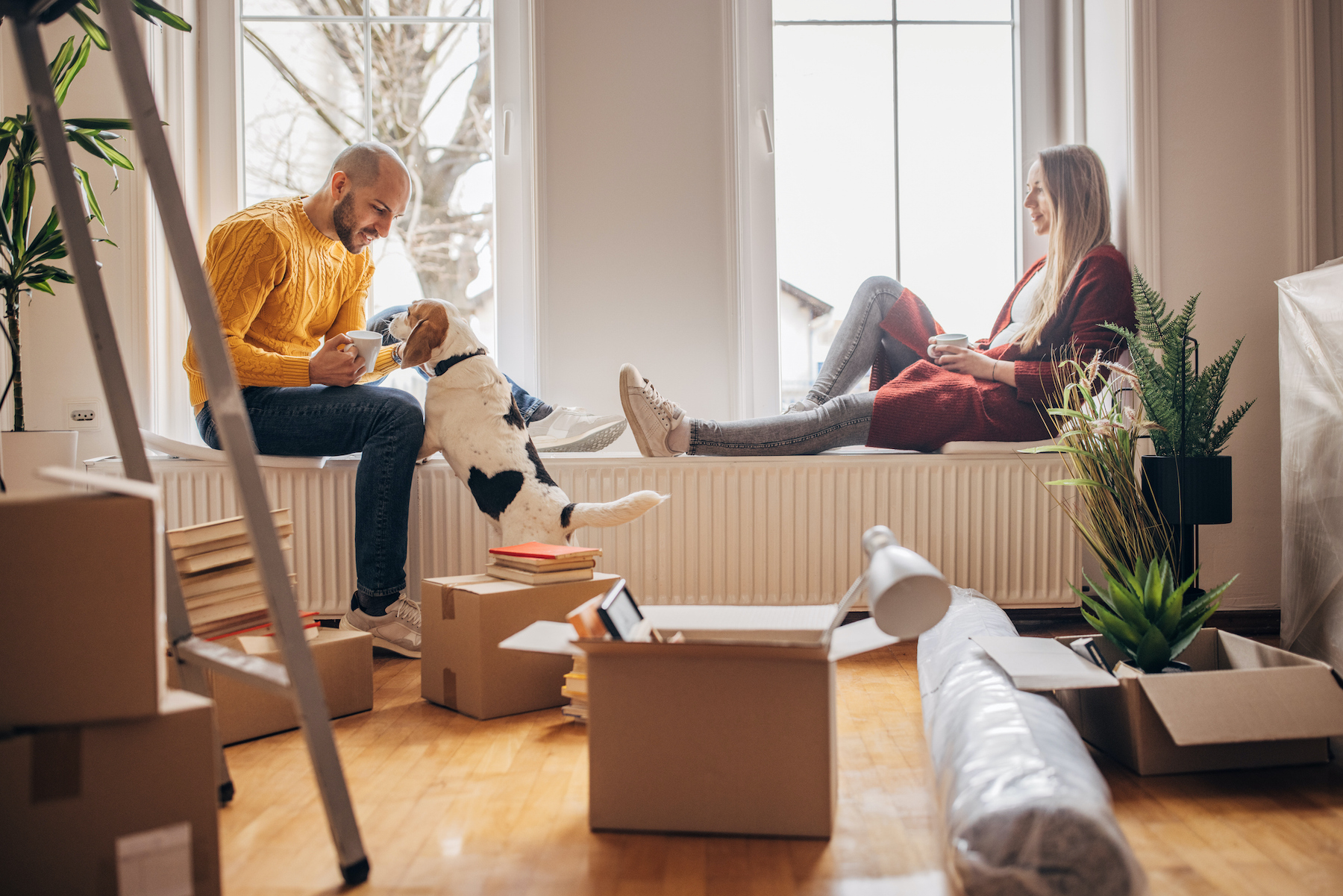 Couple with pet dog in new home